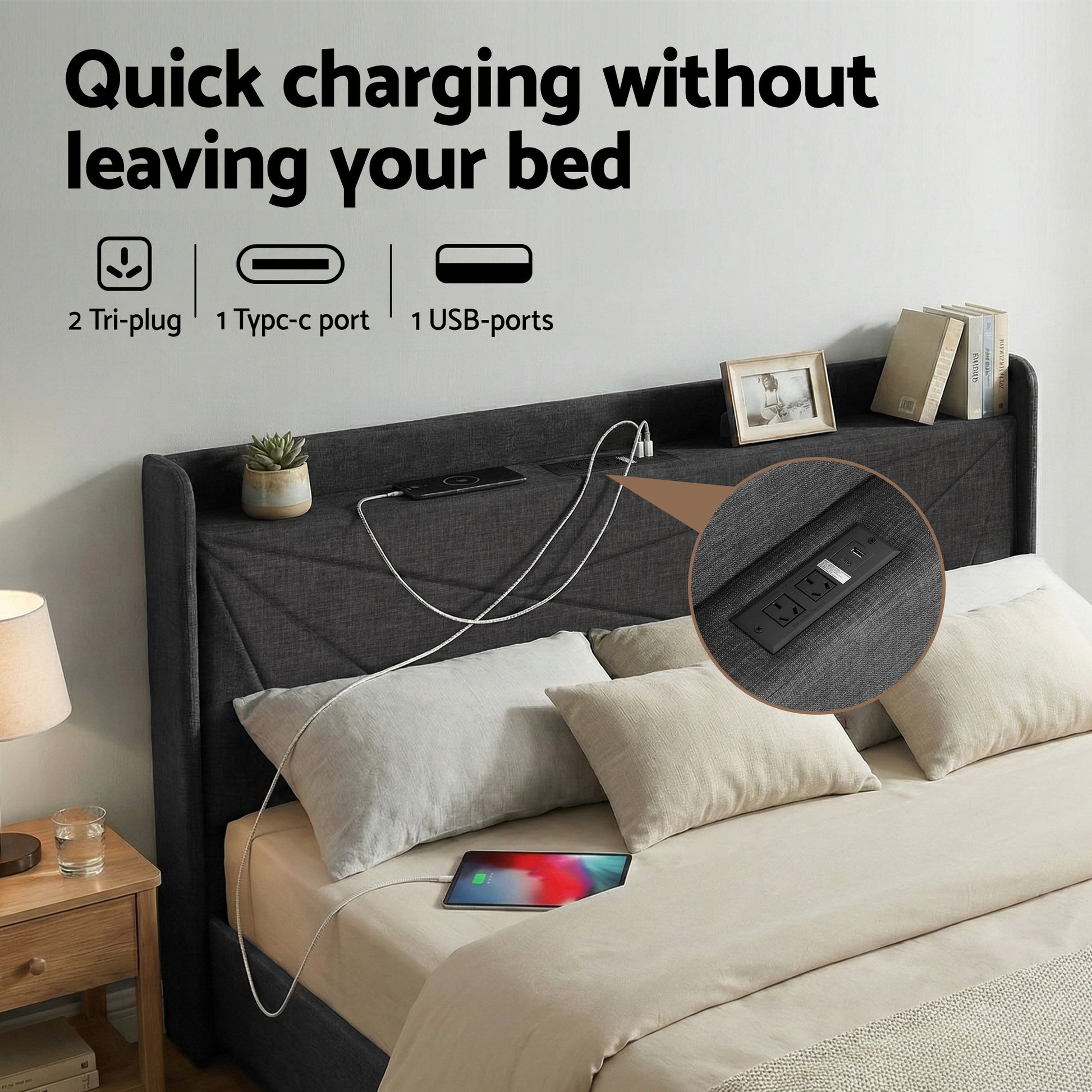 Artiss King Bed Frame Gas Lift Storage Bed with Charging Ports Upholstered Geometric Headboard Charcoal Grey - Homecoze