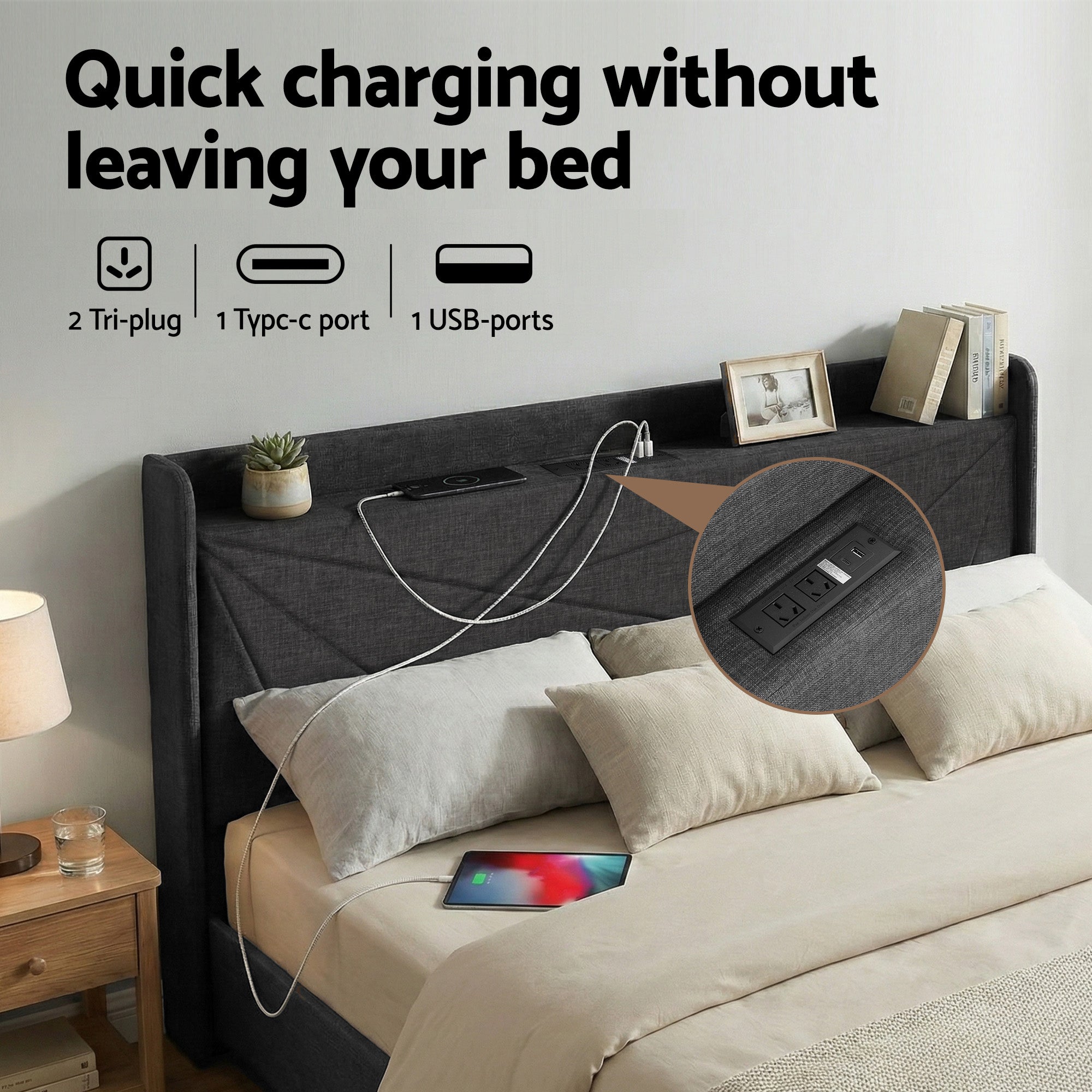 Artiss King Bed Frame Gas Lift Storage Bed with Charging Ports Upholstered Geometric Headboard Charcoal Grey - Homecoze