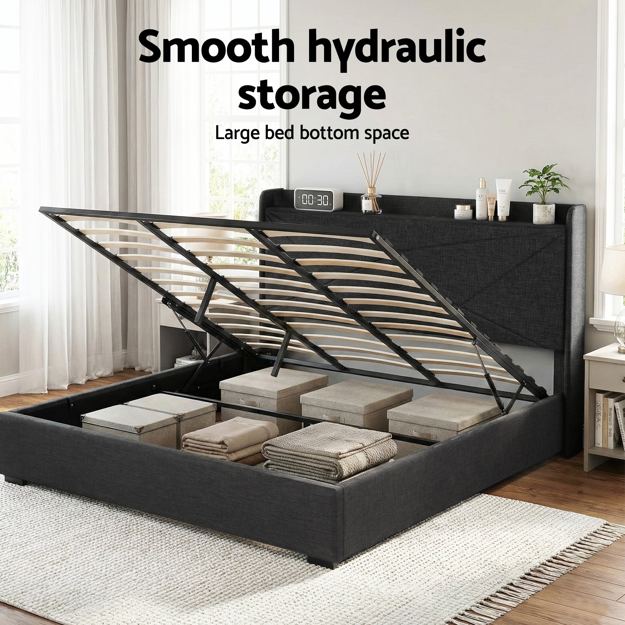 Artiss King Bed Frame Gas Lift Storage Bed with Charging Ports Upholstered Geometric Headboard Charcoal Grey - Homecoze