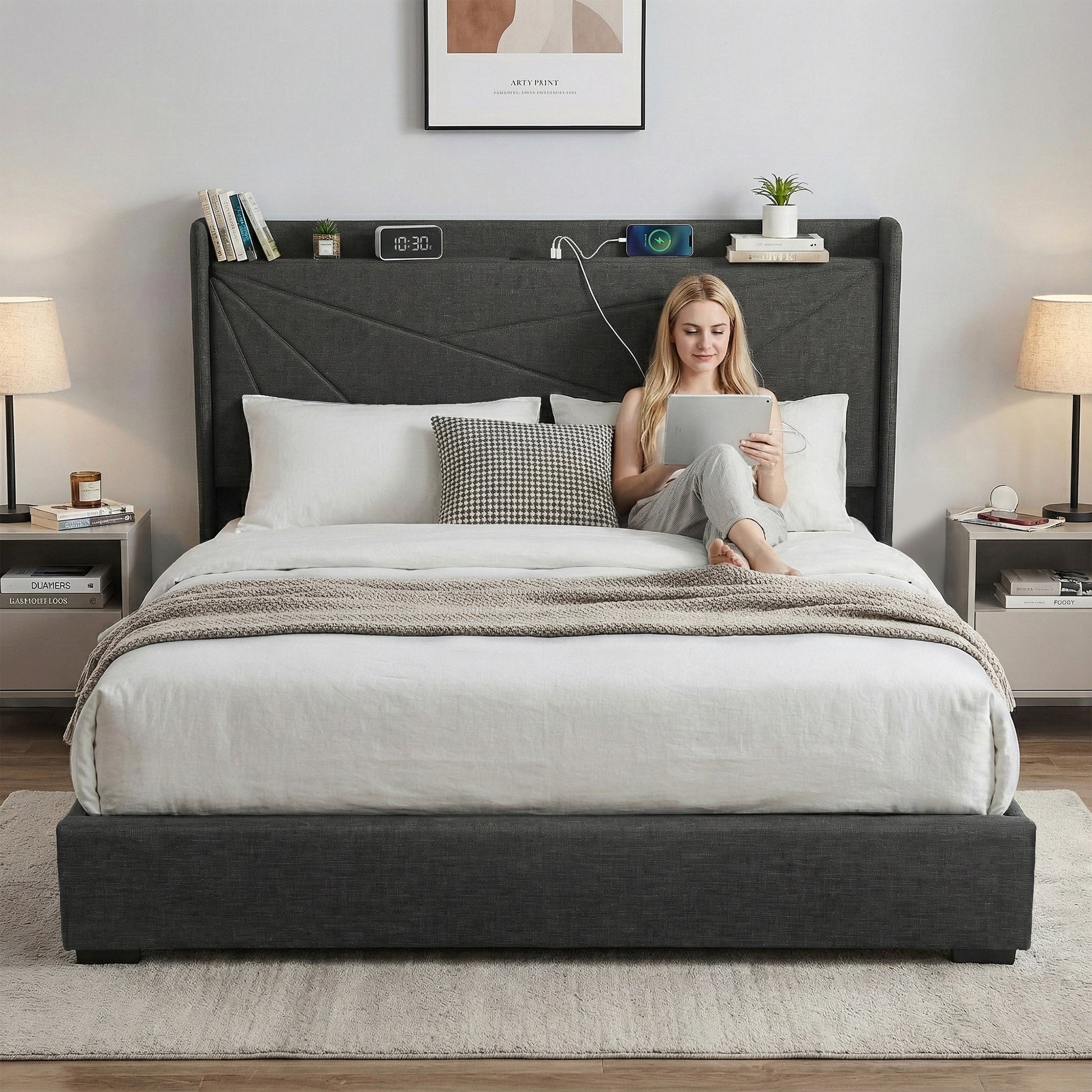 Artiss King Bed Frame Gas Lift Storage Bed with Charging Ports Upholstered Geometric Headboard Charcoal Grey - Homecoze