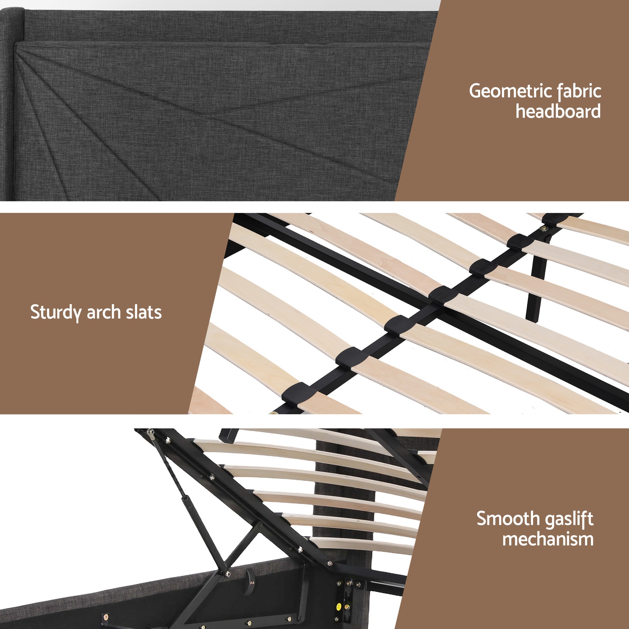Artiss King Bed Frame Gas Lift Storage Bed with Charging Ports Upholstered Geometric Headboard Charcoal Grey - Homecoze