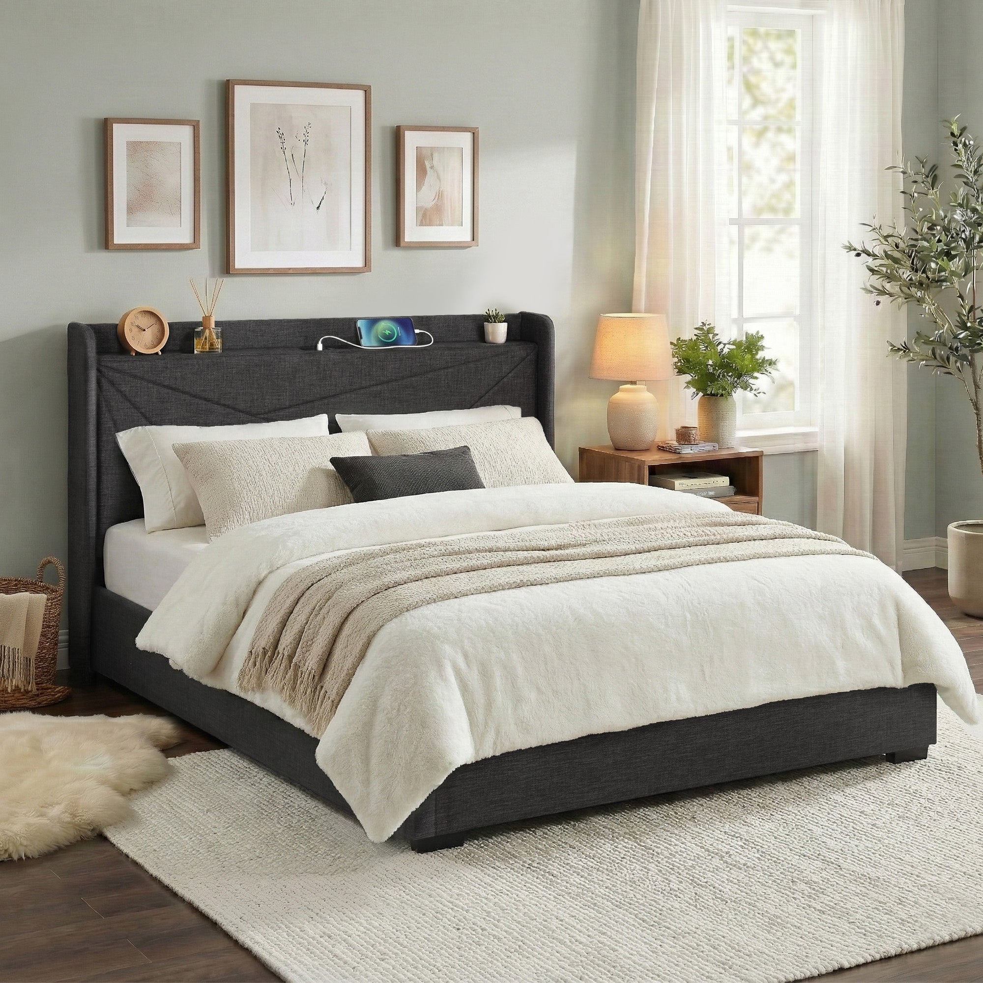 Artiss King Bed Frame Gas Lift Storage Bed with Charging Ports Upholstered Geometric Headboard Charcoal Grey - Homecoze