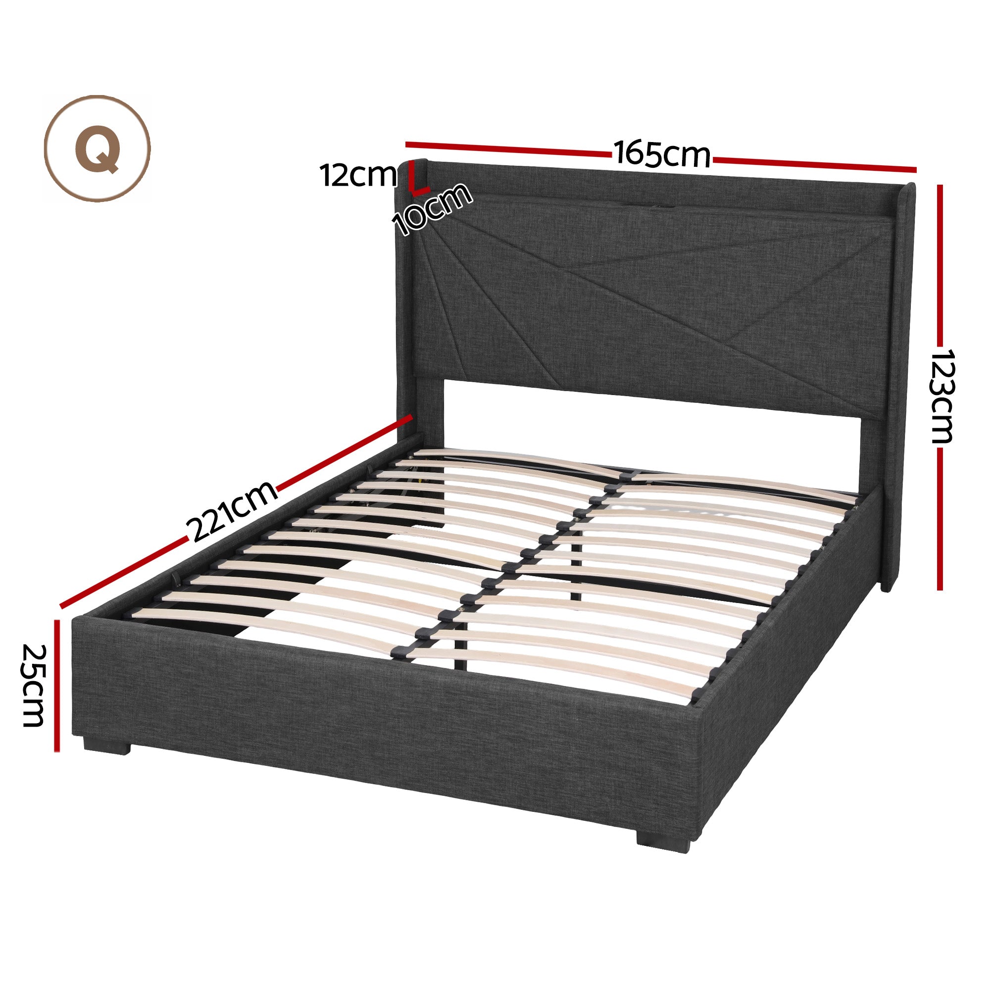 Artiss Queen Bed Frame Gas Lift Storage Bed with Charging Ports Upholstered Geometric Headboard Charcoal Grey - Homecoze
