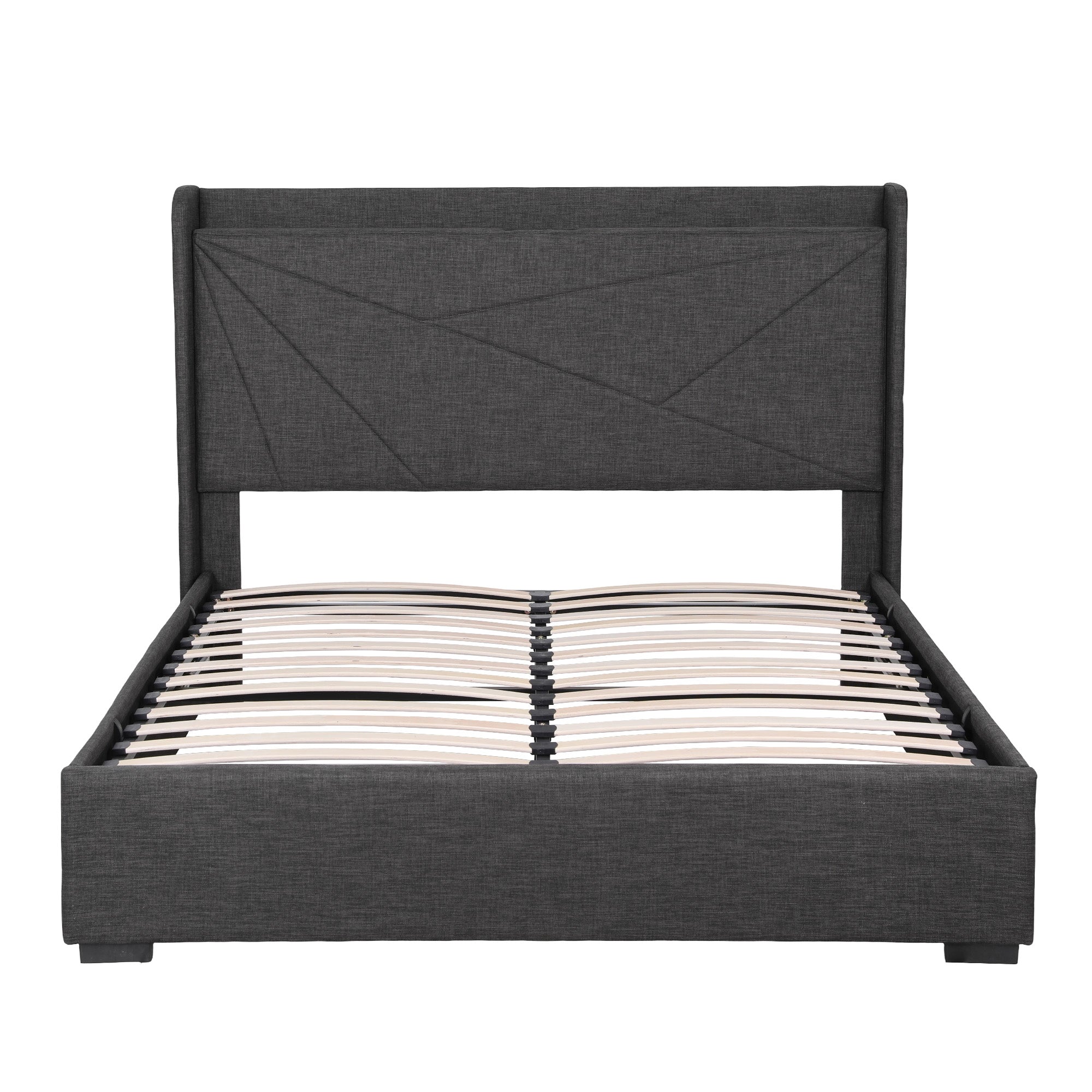 Artiss Queen Bed Frame Gas Lift Storage Bed with Charging Ports Upholstered Geometric Headboard Charcoal Grey - Homecoze