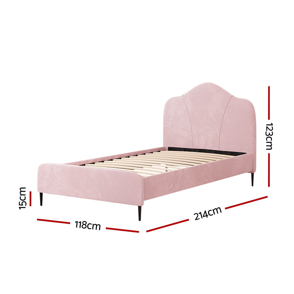 Velvet Fabric (King Single) Bed Frame with Plush Headboard - Pink