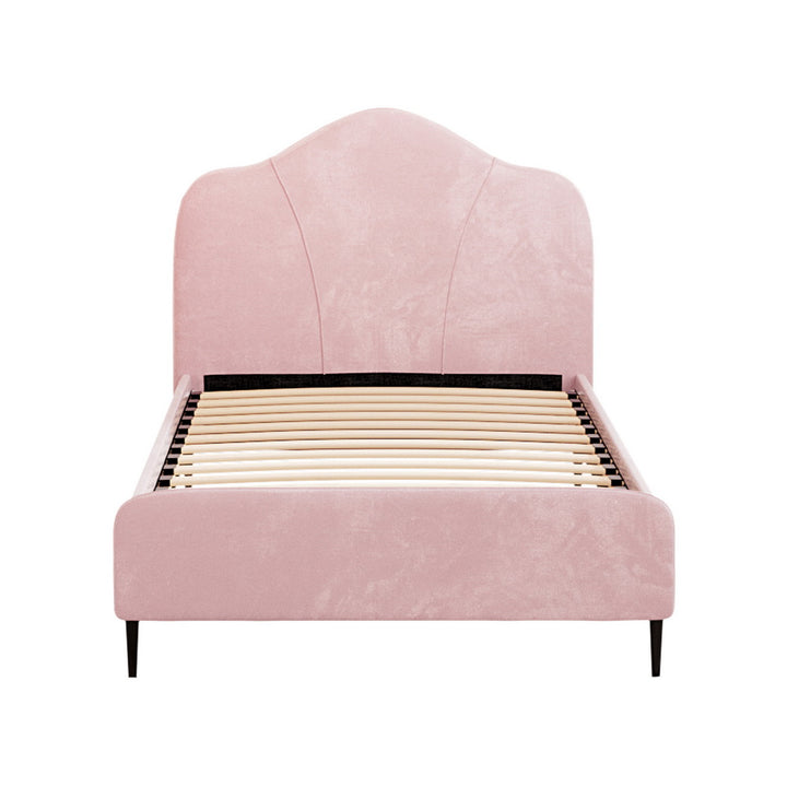 Velvet Fabric (King Single) Bed Frame with Plush Headboard - Pink