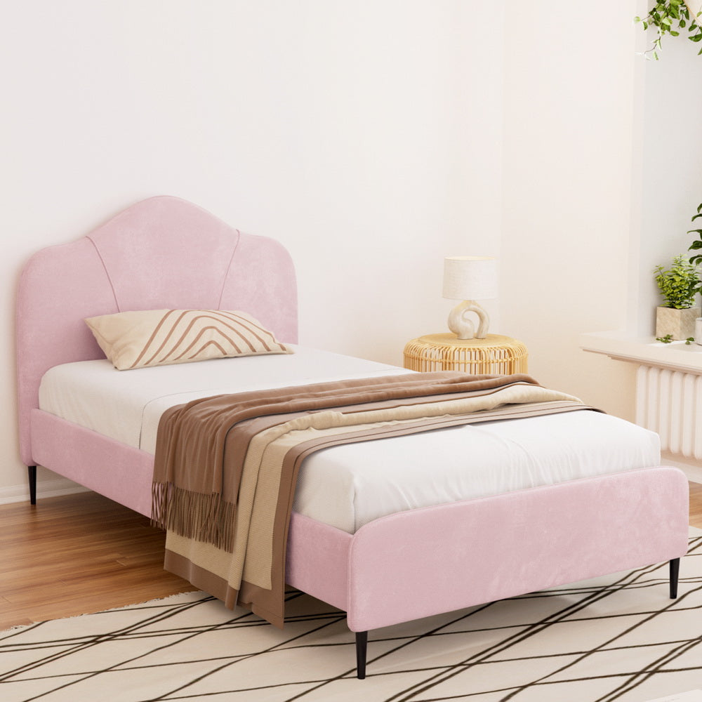 Velvet Fabric (King Single) Bed Frame with Plush Headboard - Pink