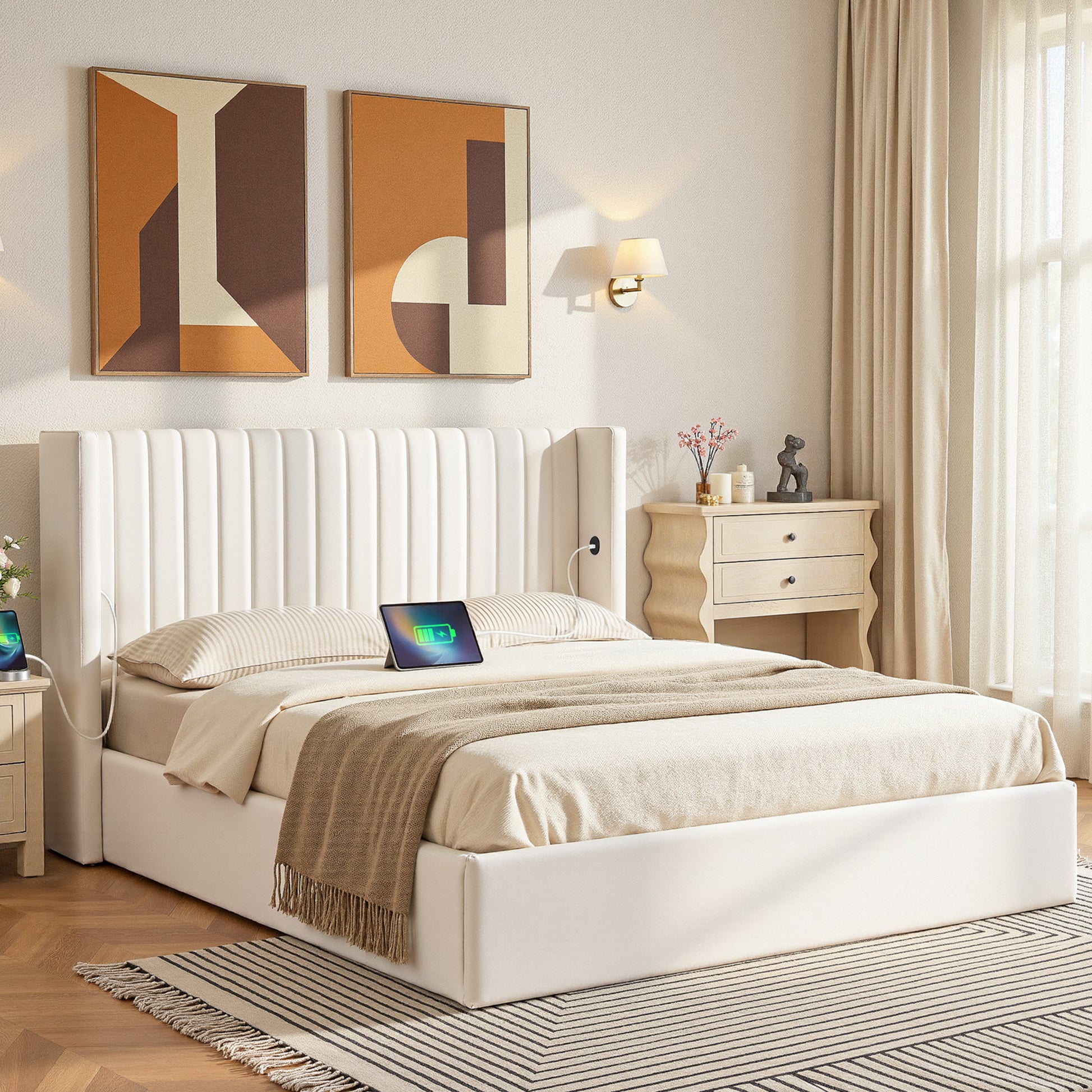 Artiss Double Bed Frame with Gaslift Storage USB Type-C Charging Ports Velvet Upholstery White - Homecoze