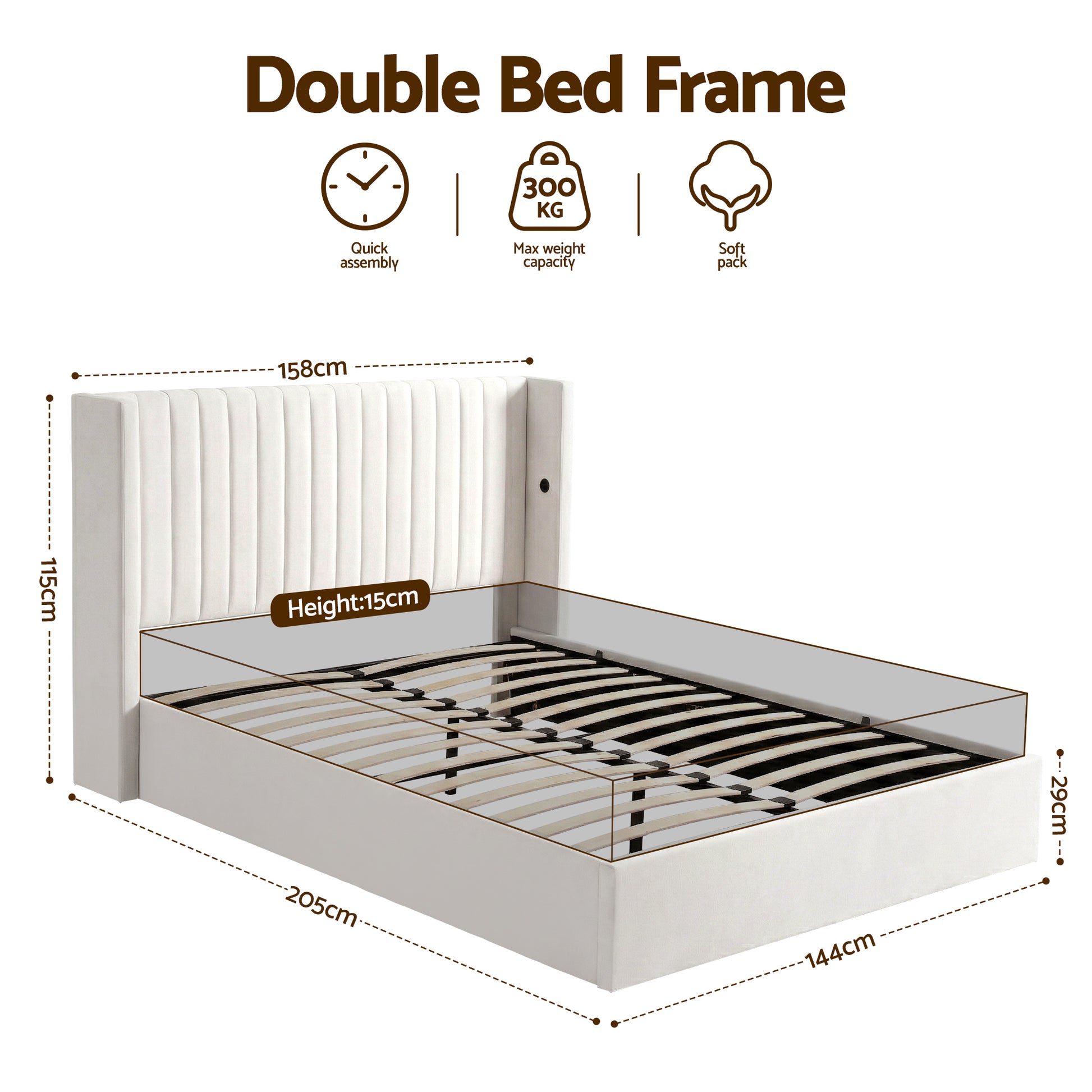 Artiss Double Bed Frame with Gaslift Storage USB Type-C Charging Ports Velvet Upholstery White - Homecoze