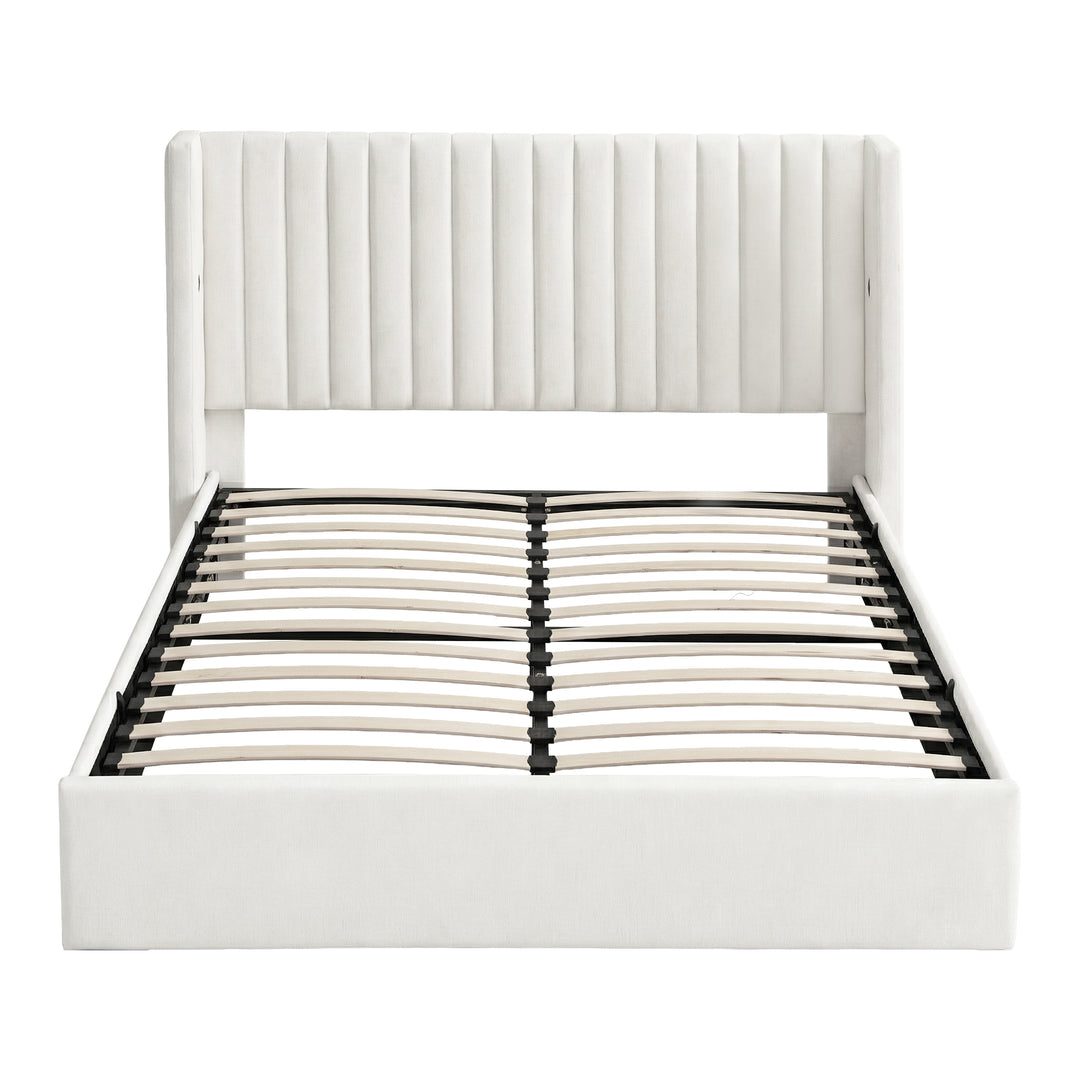 Artiss Double Bed Frame with Gaslift Storage USB Type-C Charging Ports Velvet Upholstery White - Homecoze