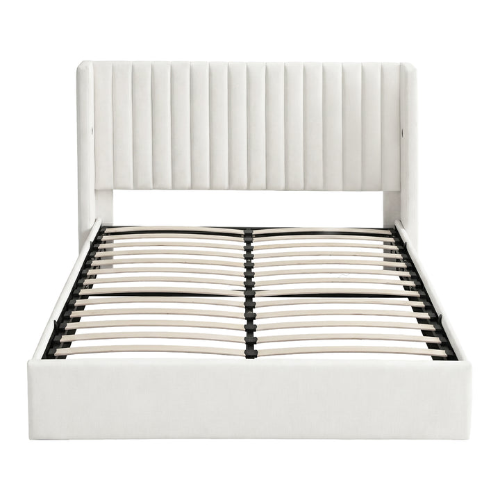 Artiss Double Bed Frame with Gaslift Storage USB Type-C Charging Ports Velvet Upholstery White - Homecoze