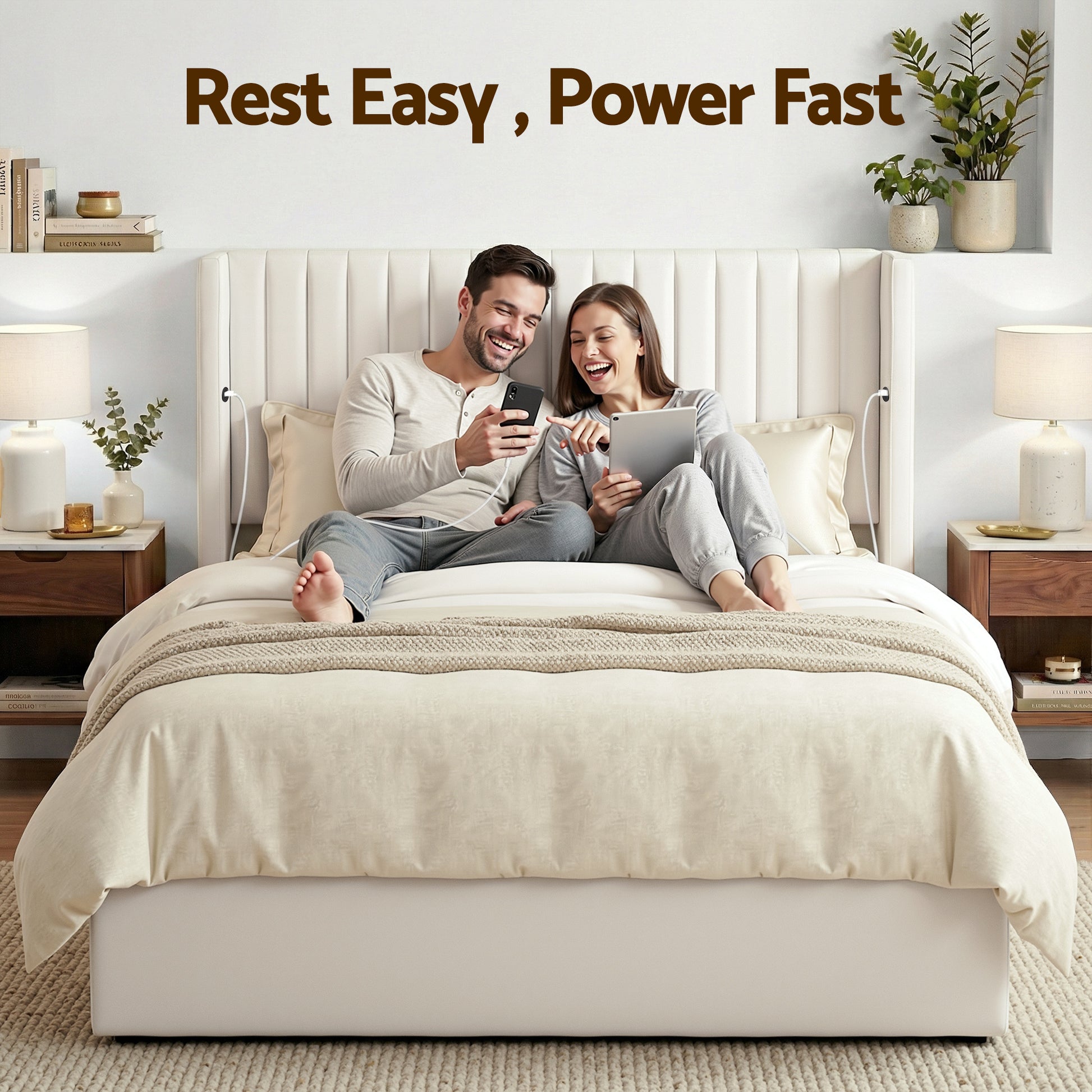 Artiss Double Bed Frame with Gaslift Storage USB Type-C Charging Ports Velvet Upholstery White - Homecoze