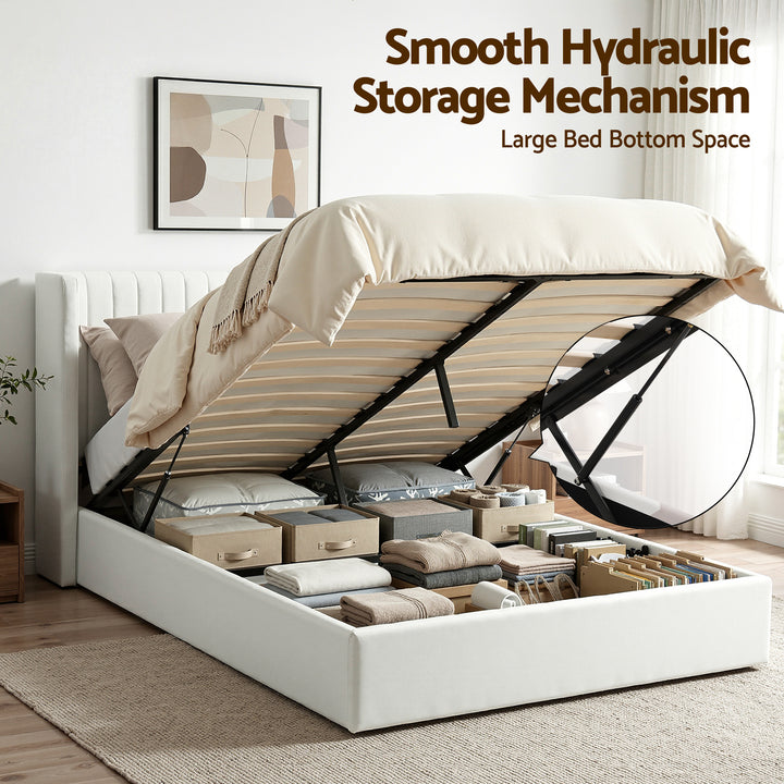 Artiss Double Bed Frame with Gaslift Storage USB Type-C Charging Ports Velvet Upholstery White - Homecoze