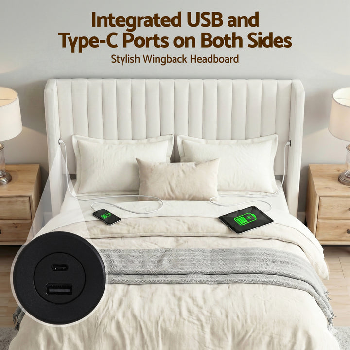 Artiss Double Bed Frame with Gaslift Storage USB Type-C Charging Ports Velvet Upholstery White - Homecoze
