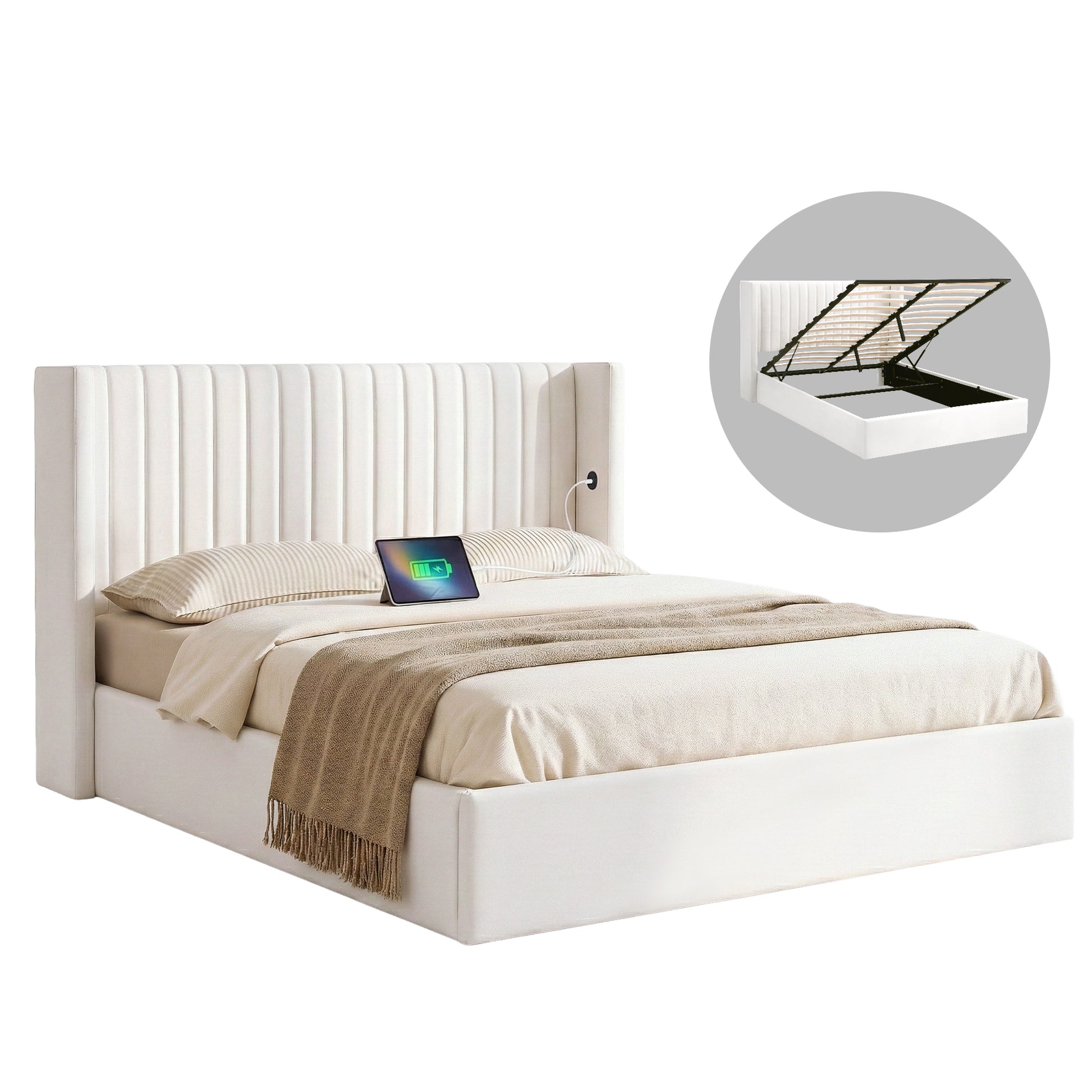 Artiss Double Bed Frame with Gaslift Storage USB Type-C Charging Ports Velvet Upholstery White - Homecoze