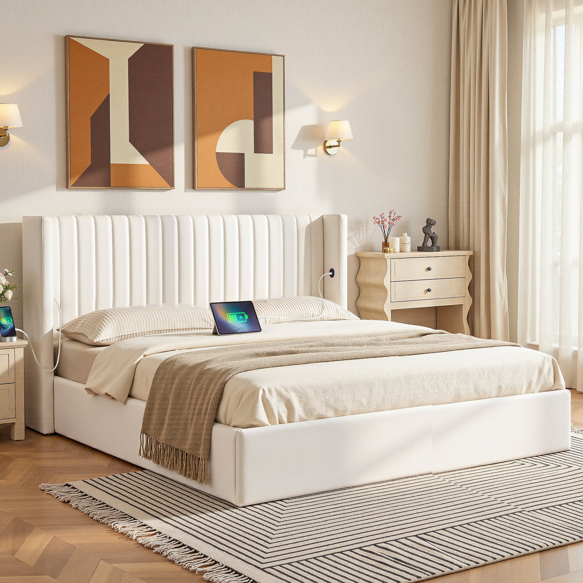 Artiss King Bed Frame with Gaslift Storage USB Type-C Charging Ports Velvet Upholstery White - Homecoze