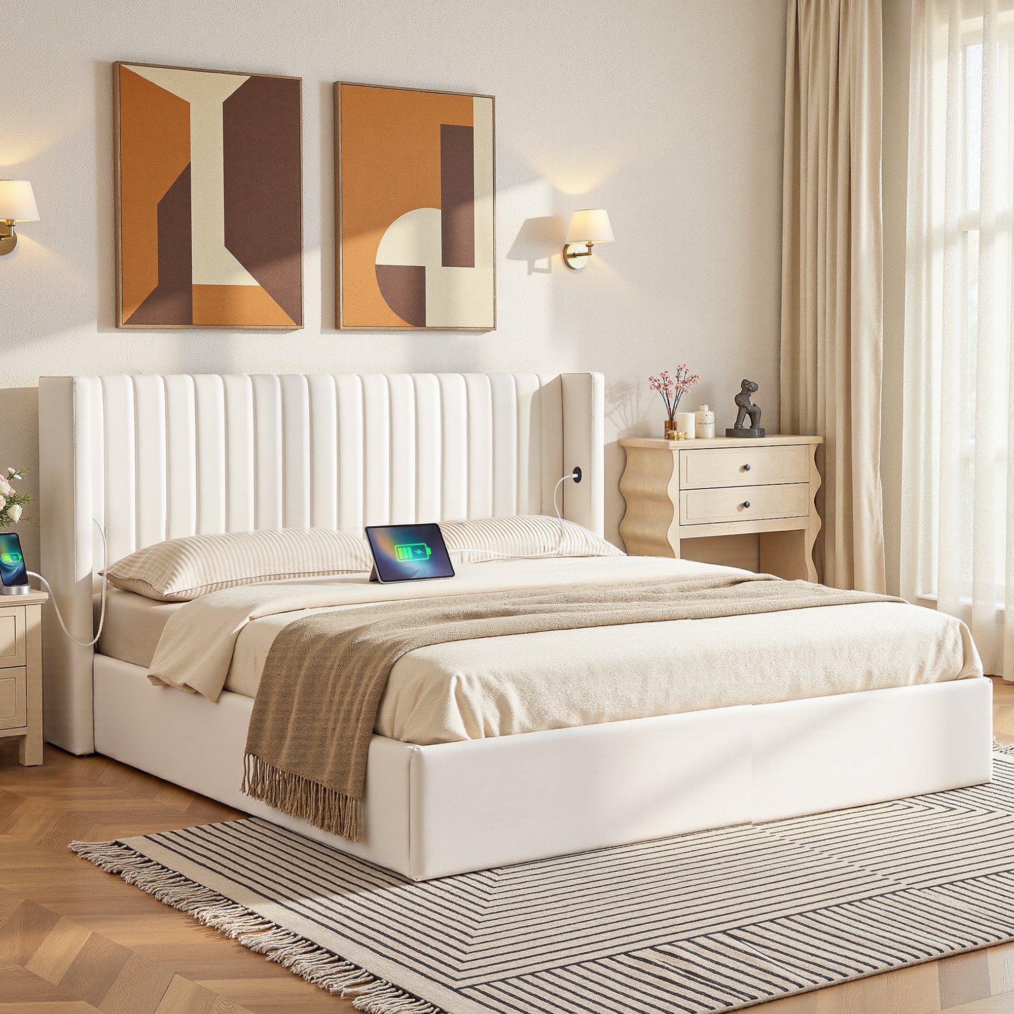 Artiss King Bed Frame with Gaslift Storage USB Type-C Charging Ports Velvet Upholstery White - Homecoze