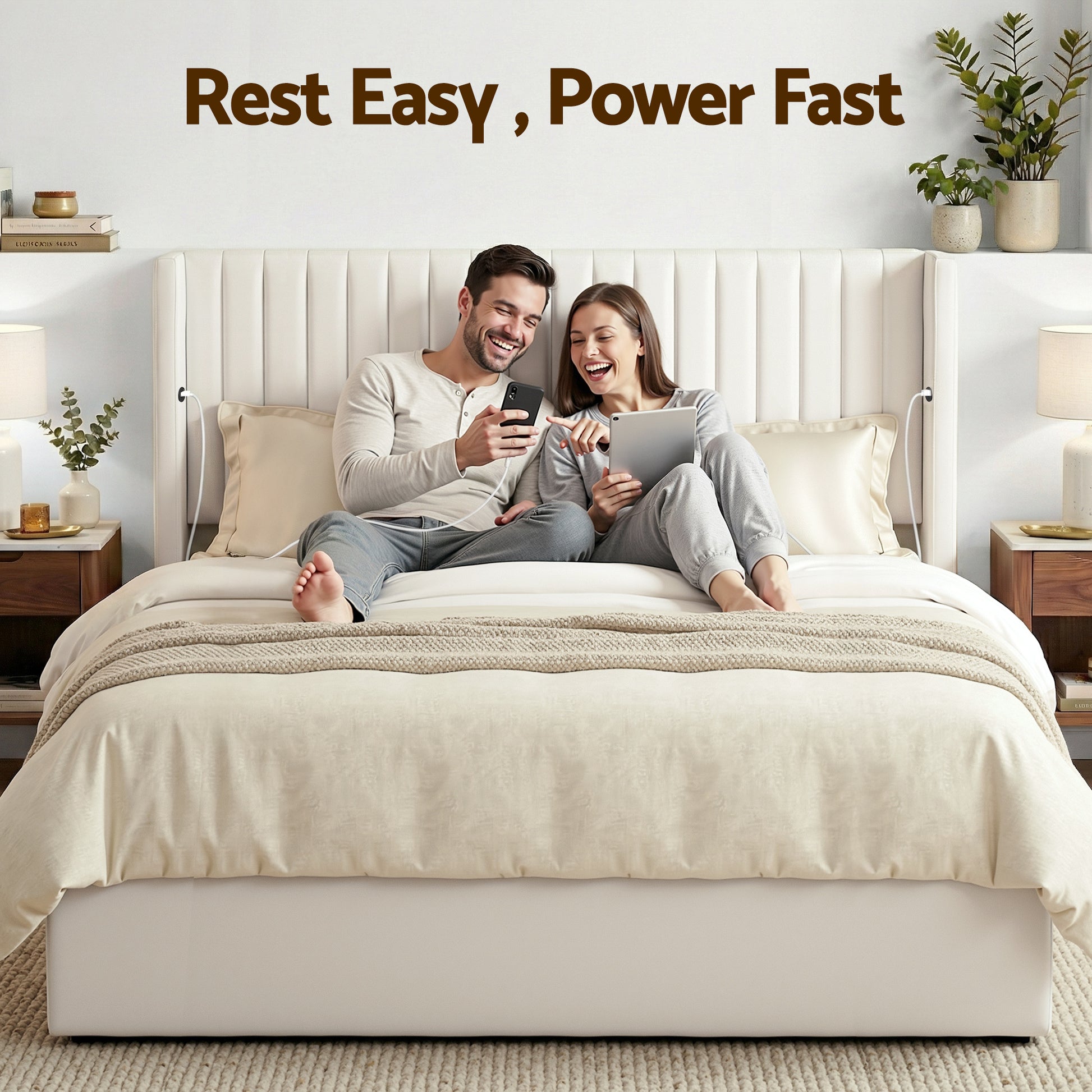 Artiss King Bed Frame with Gaslift Storage USB Type-C Charging Ports Velvet Upholstery White - Homecoze