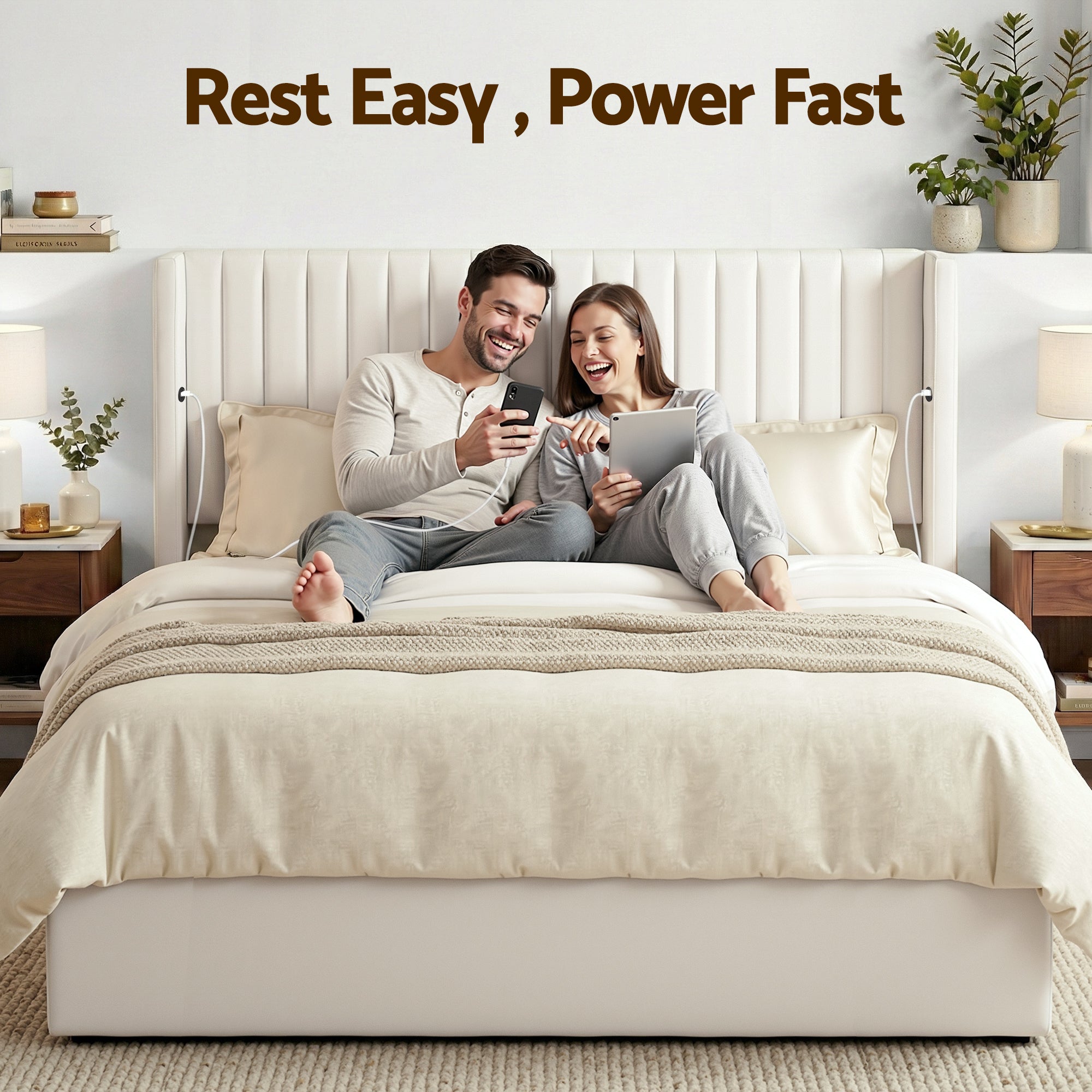 Artiss King Bed Frame with Gaslift Storage USB Type-C Charging Ports Velvet Upholstery White - Homecoze