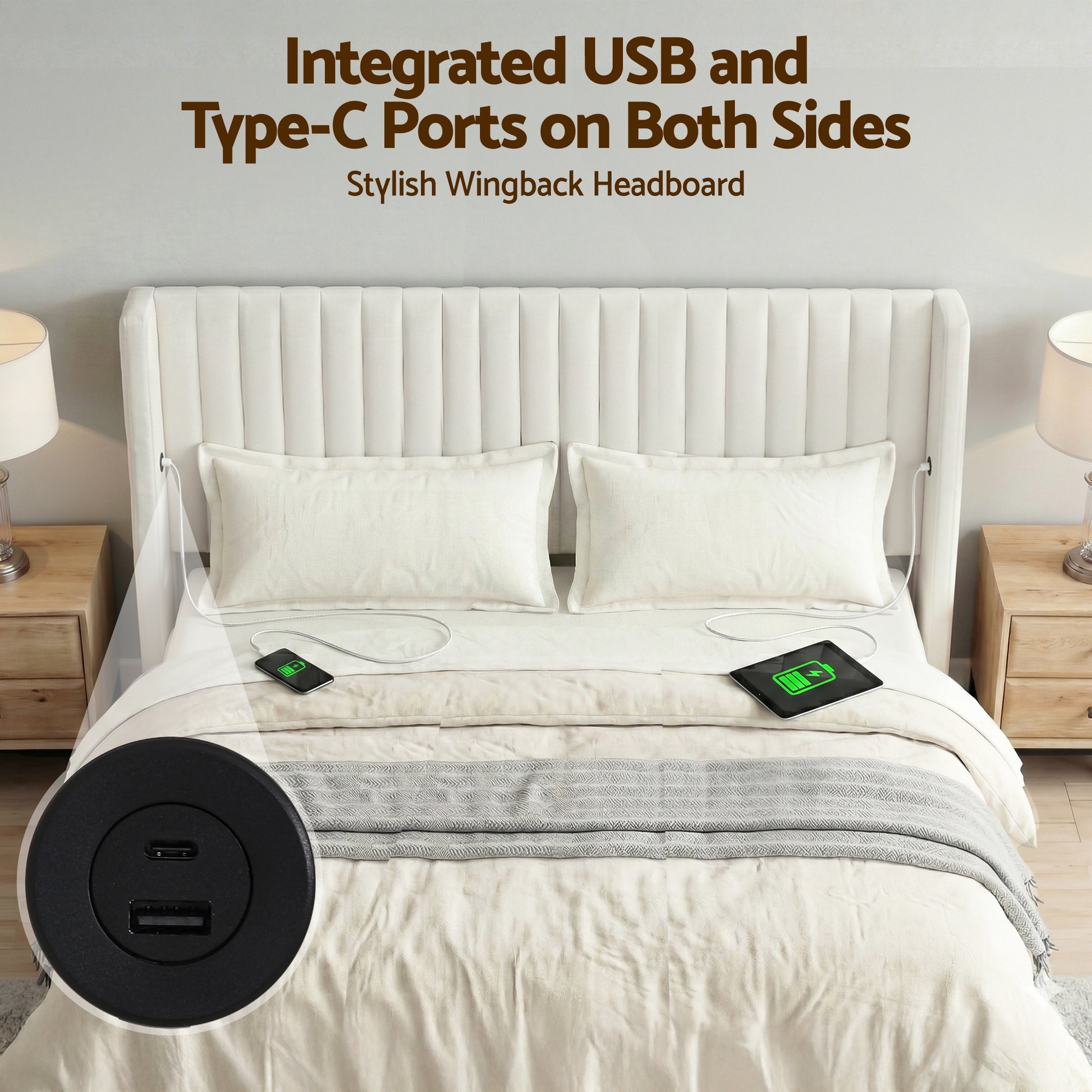 Artiss King Bed Frame with Gaslift Storage USB Type-C Charging Ports Velvet Upholstery White - Homecoze