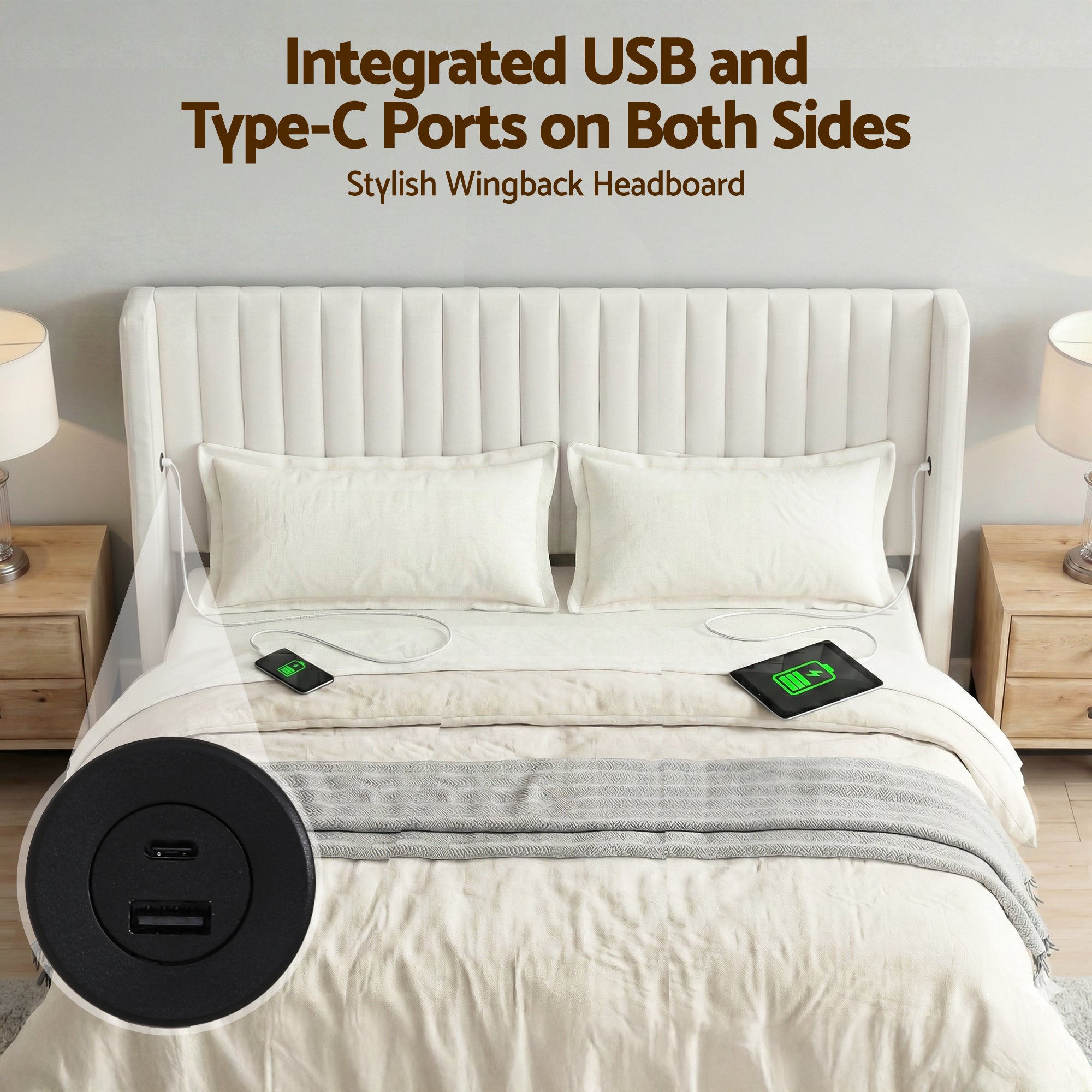 Artiss King Bed Frame with Gaslift Storage USB Type-C Charging Ports Velvet Upholstery White - Homecoze