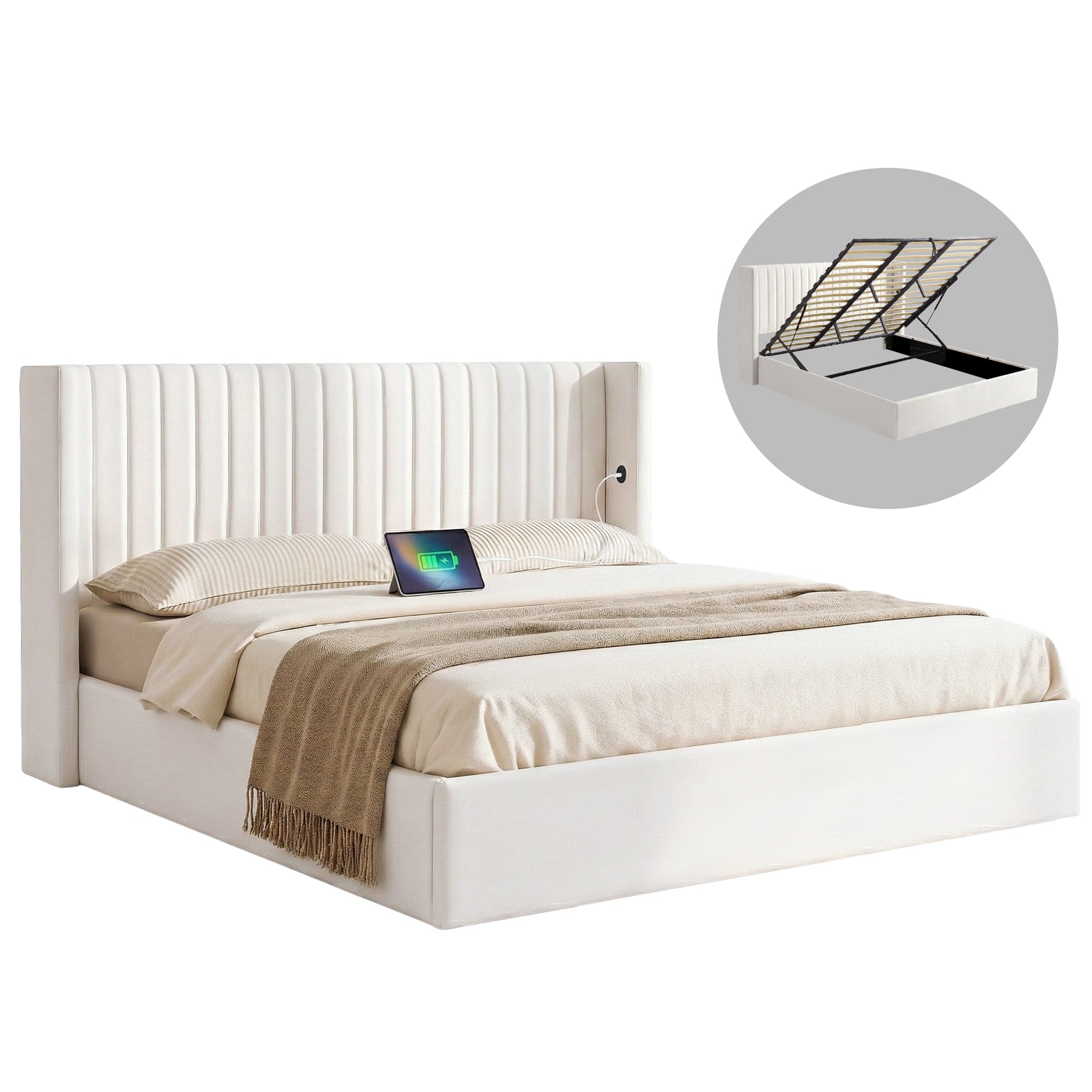 Artiss King Bed Frame with Gaslift Storage USB Type-C Charging Ports Velvet Upholstery White - Homecoze