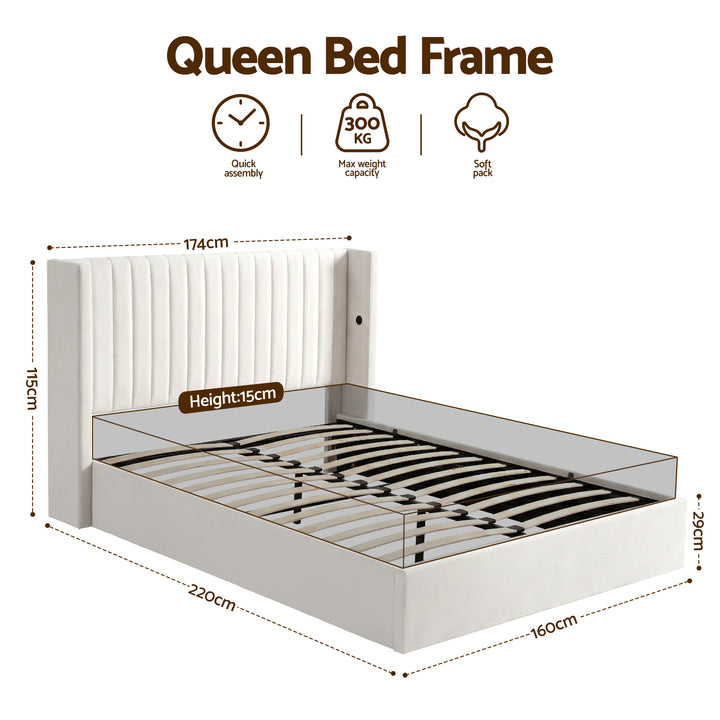 Artiss Queen Bed Frame with Gaslift Storage USB Type-C Charging Ports Velvet Upholstery White - Homecoze