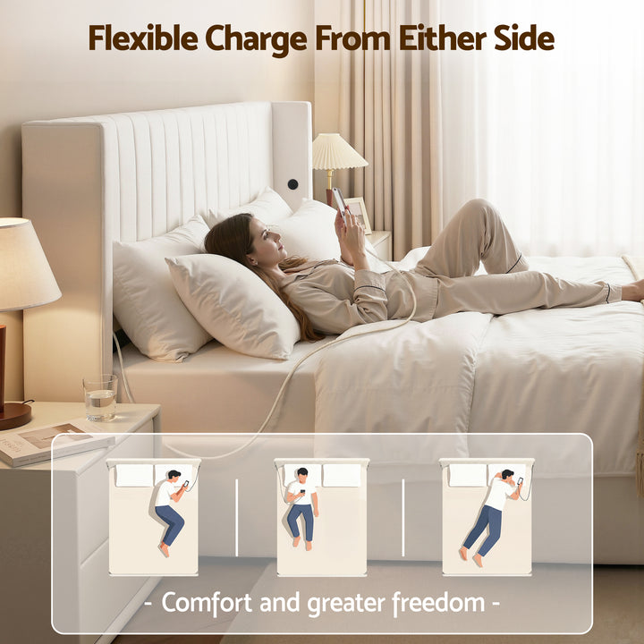 Artiss Queen Bed Frame with Gaslift Storage USB Type-C Charging Ports Velvet Upholstery White - Homecoze