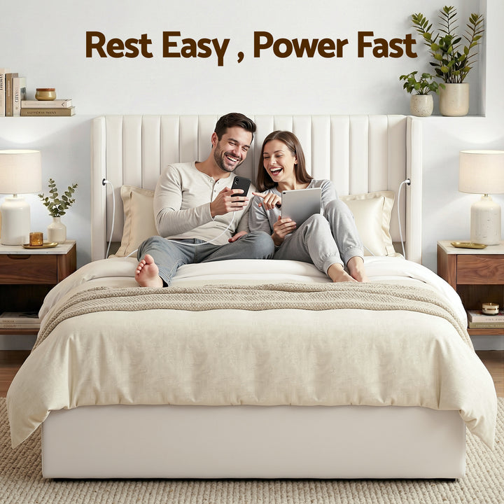 Artiss Queen Bed Frame with Gaslift Storage USB Type-C Charging Ports Velvet Upholstery White - Homecoze