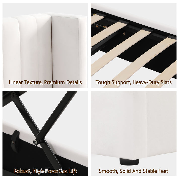 Artiss Queen Bed Frame with Gaslift Storage USB Type-C Charging Ports Velvet Upholstery White - Homecoze