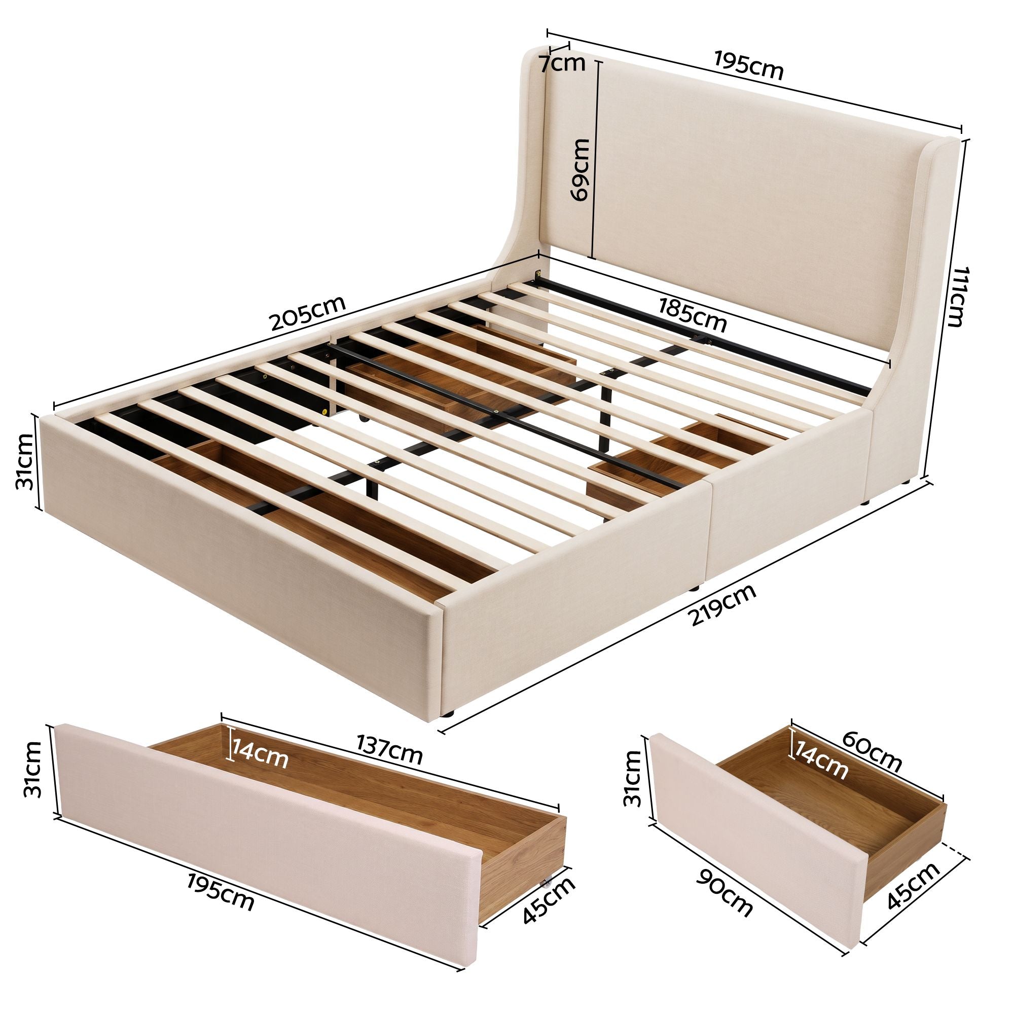 Milford (King) Linen-Look Storage Bed Frame - Beige