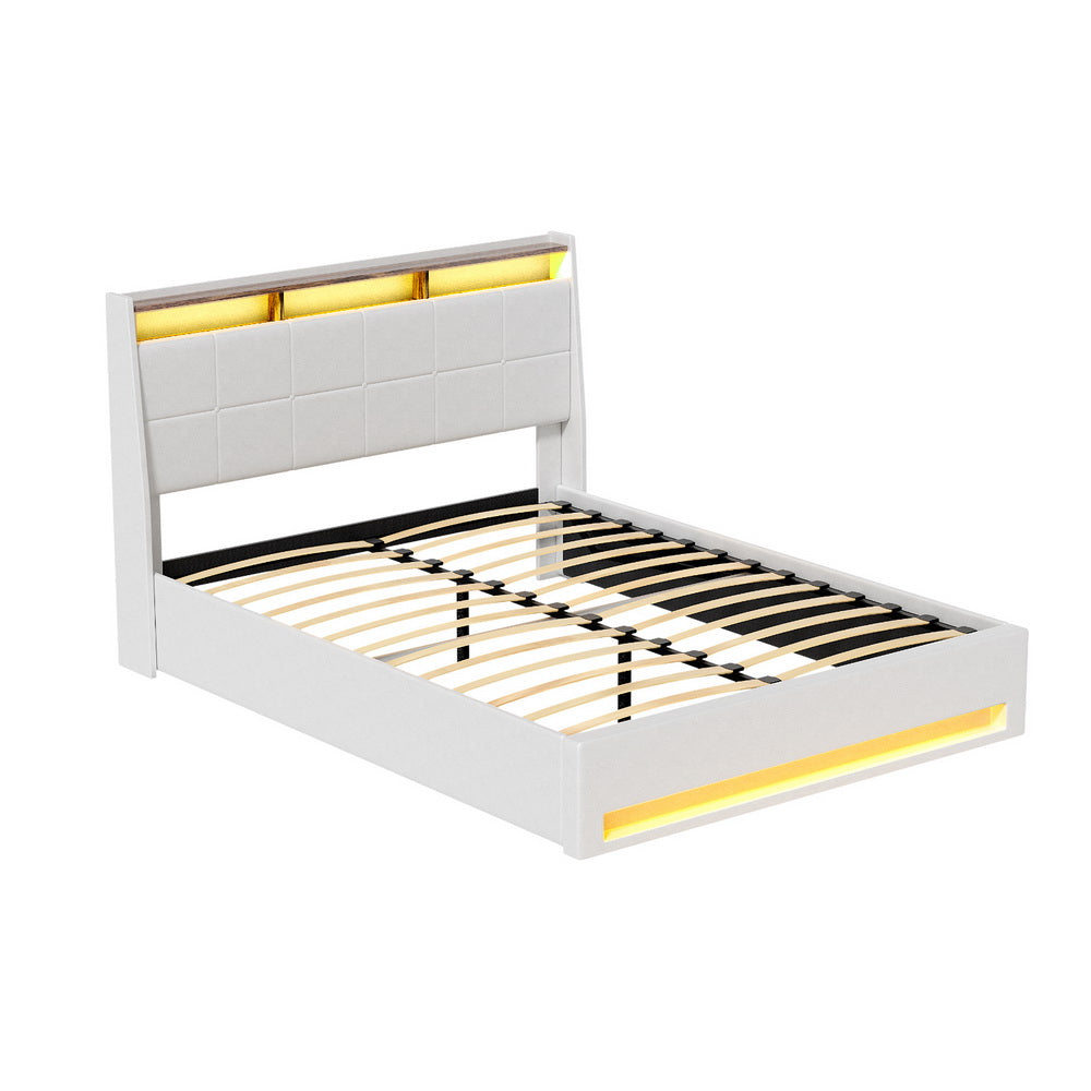 Artiss Bed Frame Gas Lift LED Beds Base Platform White PVC Leather Storage Headboard - Double - Homecoze