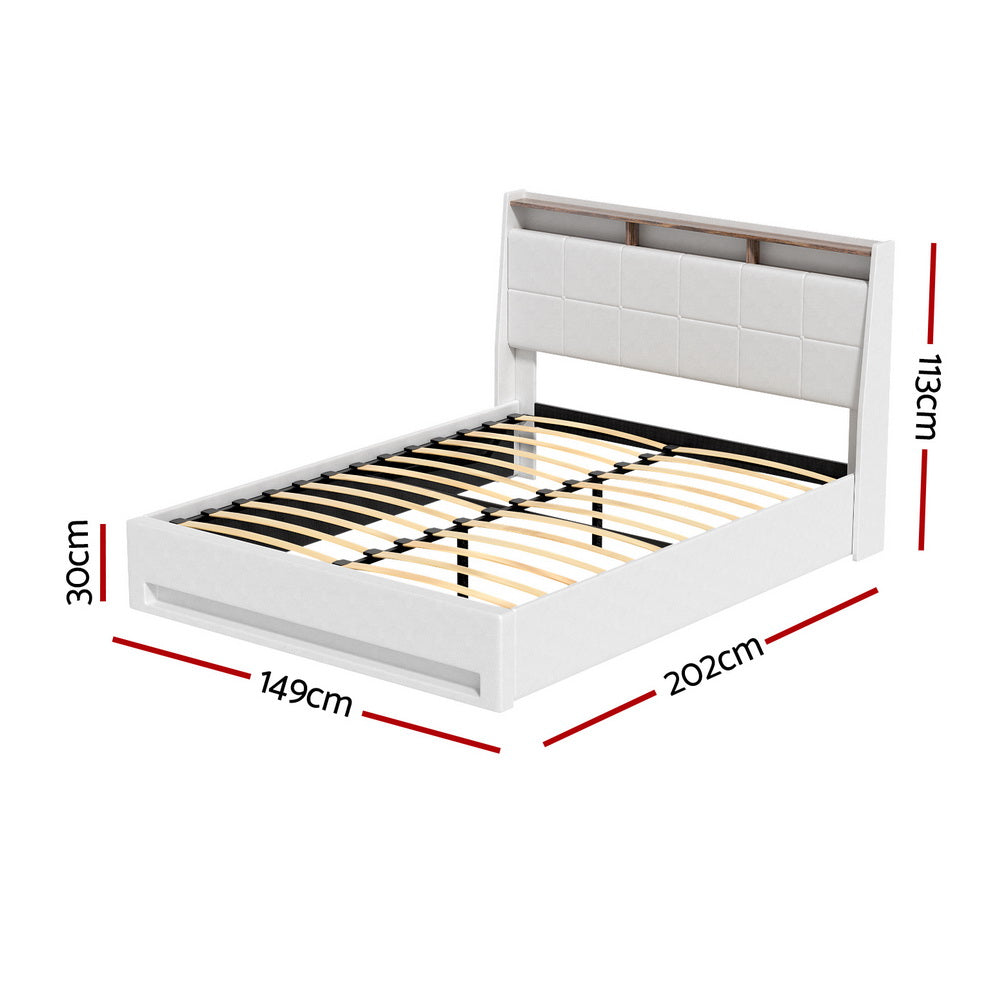 Artiss Bed Frame Gas Lift LED Beds Base Platform White PVC Leather Storage Headboard - Double - Homecoze