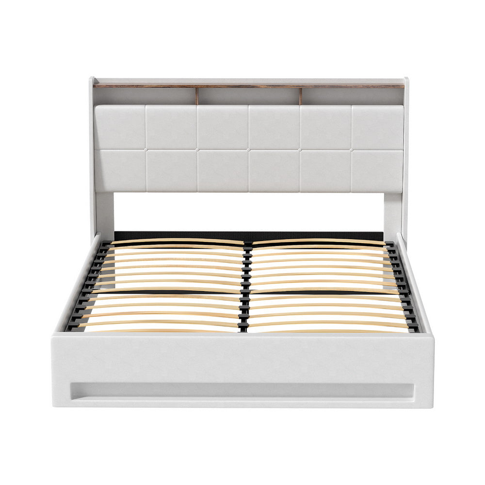Artiss Bed Frame Gas Lift LED Beds Base Platform White PVC Leather Storage Headboard - Double - Homecoze