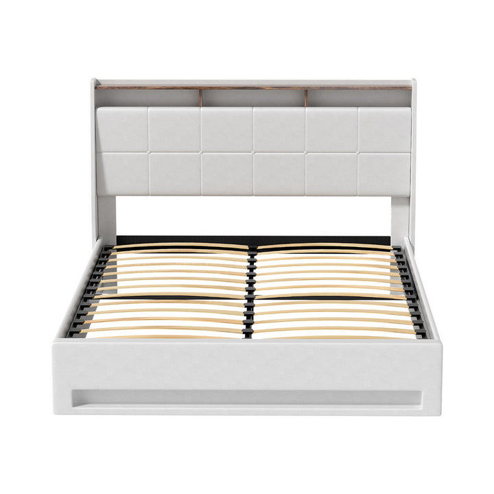 Artiss Bed Frame Gas Lift LED Beds Base Platform White PVC Leather Storage Headboard - Double - Homecoze