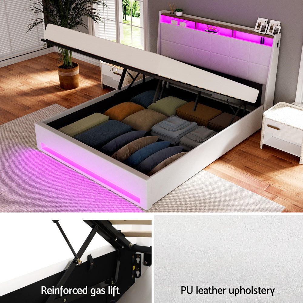 Artiss Bed Frame Gas Lift LED Beds Base Platform White PVC Leather Storage Headboard - Double - Homecoze