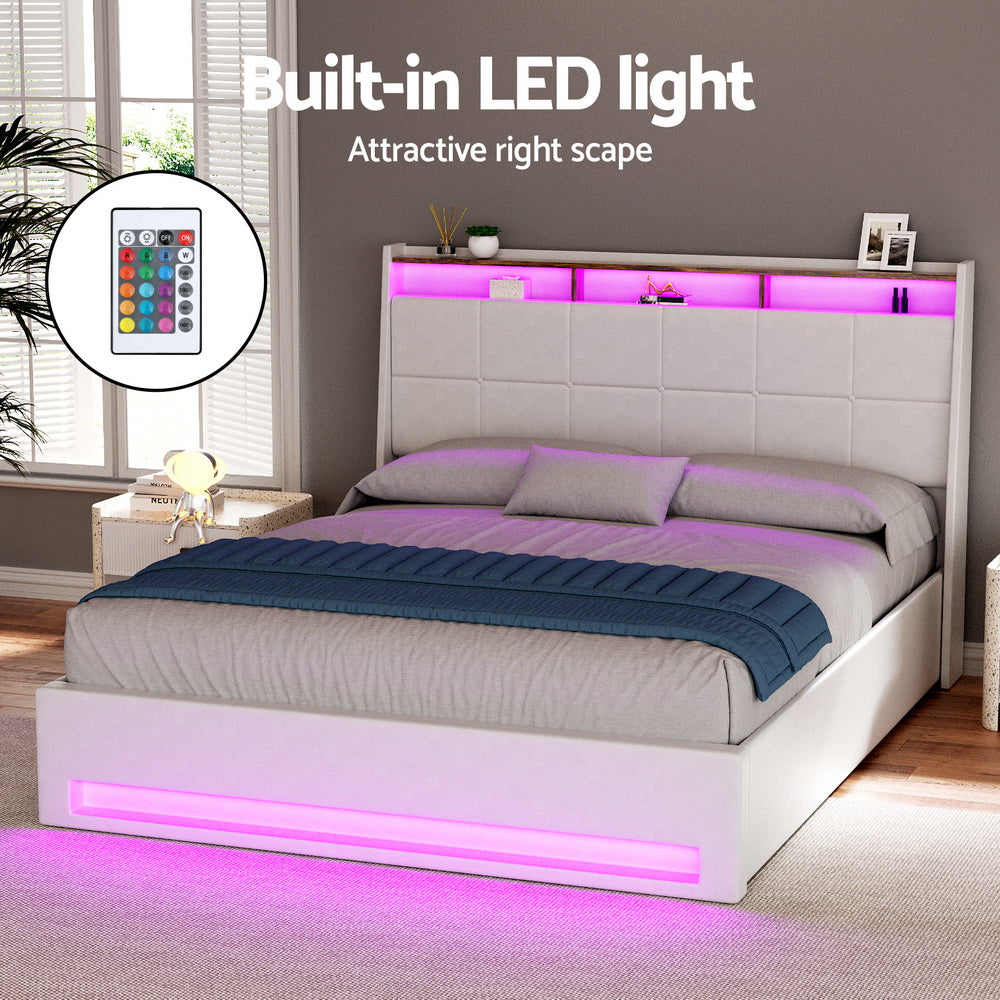 Artiss Bed Frame Gas Lift LED Beds Base Platform White PVC Leather Storage Headboard - Double - Homecoze