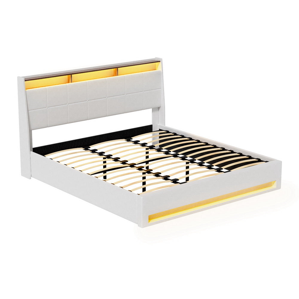 Artiss Bed Frame Gas Lift LED Beds Base Platform White PVC Leather Storage Headboard - King - Homecoze