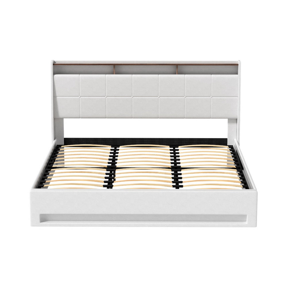 Artiss Bed Frame Gas Lift LED Beds Base Platform White PVC Leather Storage Headboard - King - Homecoze