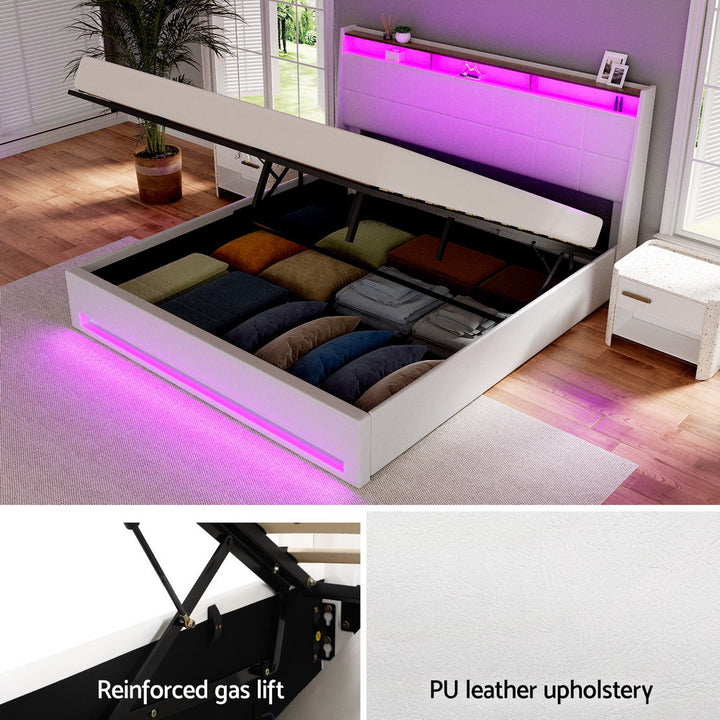 Artiss Bed Frame Gas Lift LED Beds Base Platform White PVC Leather Storage Headboard - King - Homecoze
