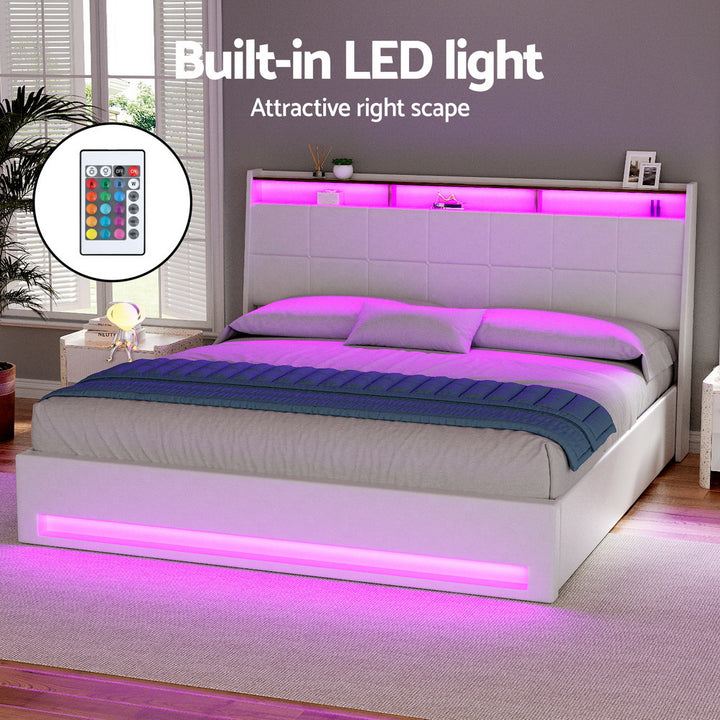 Artiss Bed Frame Gas Lift LED Beds Base Platform White PVC Leather Storage Headboard - King - Homecoze