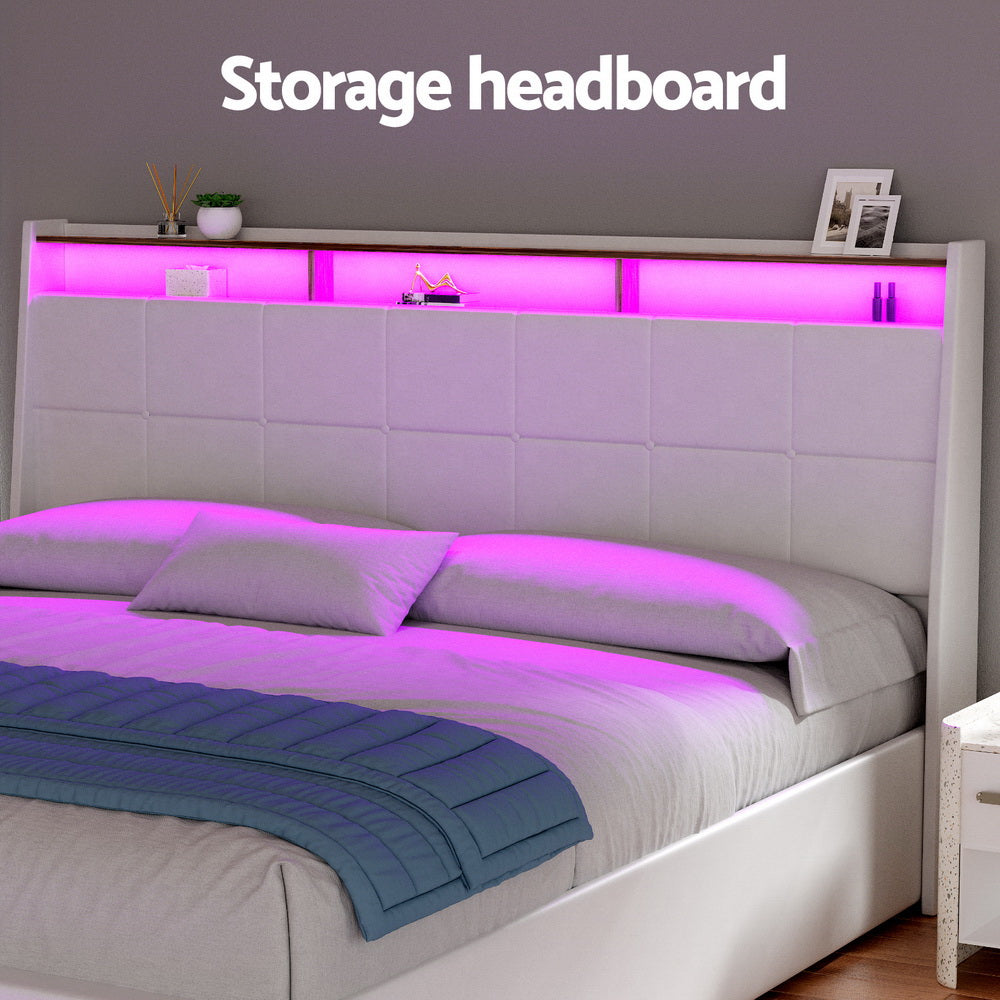 Artiss Bed Frame Gas Lift LED Beds Base Platform White PVC Leather Storage Headboard - King - Homecoze