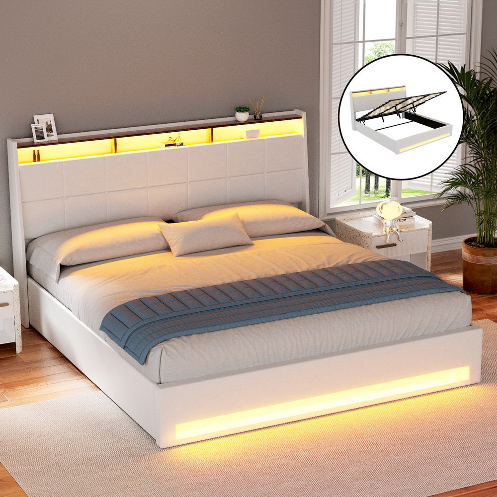 Artiss Bed Frame Gas Lift LED Beds Base Platform White PVC Leather Storage Headboard - King - Homecoze