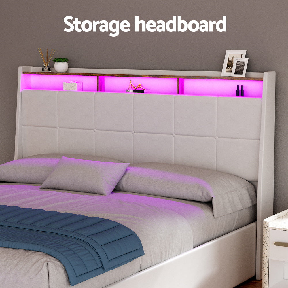 Artiss Bed Frame Gas Lift LED Beds Base Platform White PVC Leather Storage Headboard - Queen - Homecoze