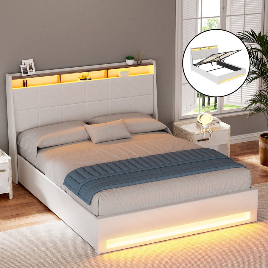 Artiss Bed Frame Gas Lift LED Beds Base Platform White PVC Leather Storage Headboard - Queen - Homecoze