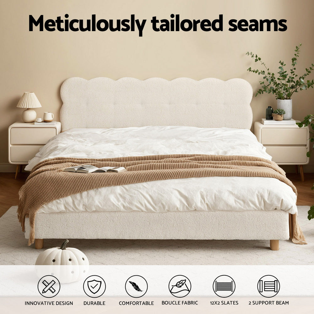Artiss Double Bed Frame Cloud Headboard Boucle Fabric Mattress Platform Base White - Homecoze