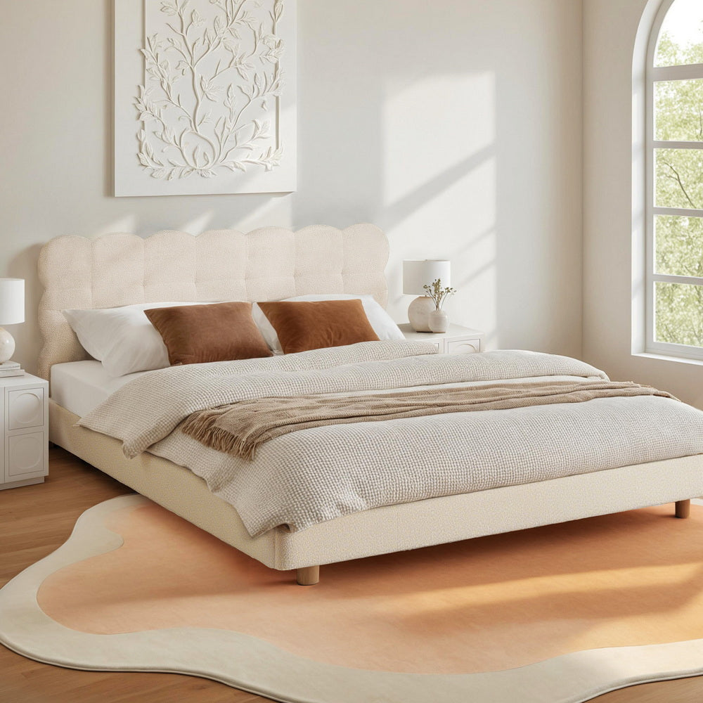 Artiss Double Bed Frame Cloud Headboard Boucle Fabric Mattress Platform Base White - Homecoze