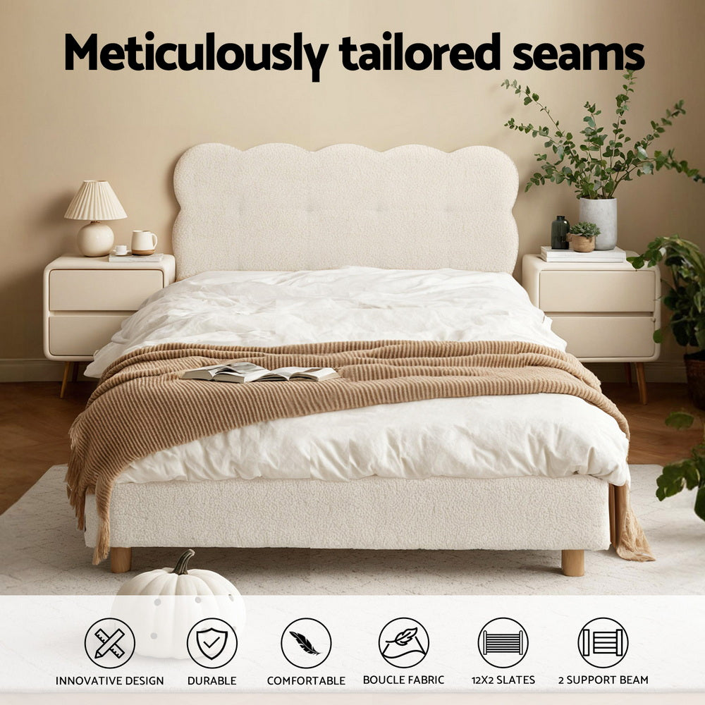Claremont (King Single) Bouclé Bed Frame - White - Homecoze