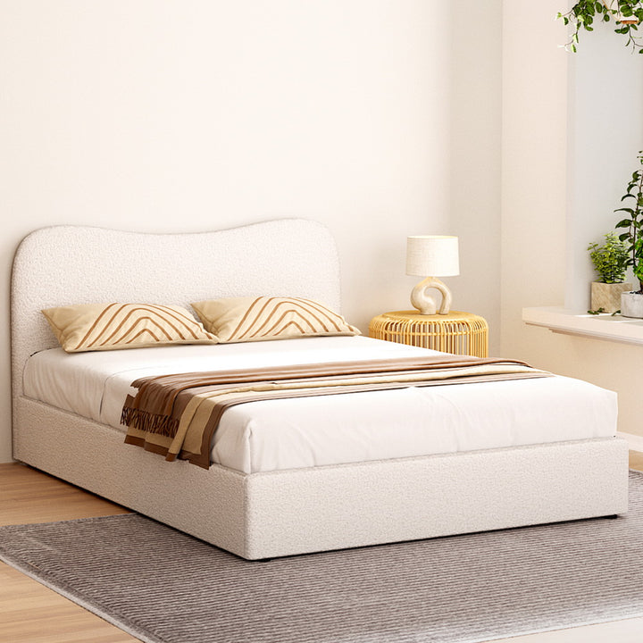 Quincy (Double) Bouclé Bed Frame | Fabric - White/Beige