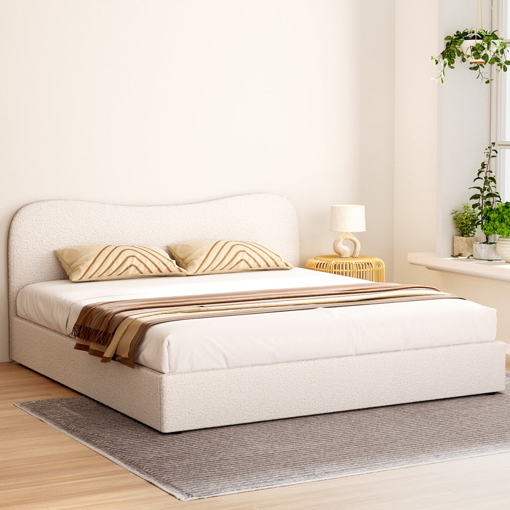 Quincy (King) Bouclé Bed Frame | Fabric - White/Beige - Homecoze